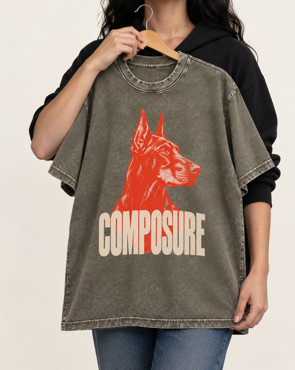 Doberman Composure Portrait Graphic Washed Tee in Army Green, held up on a hanger