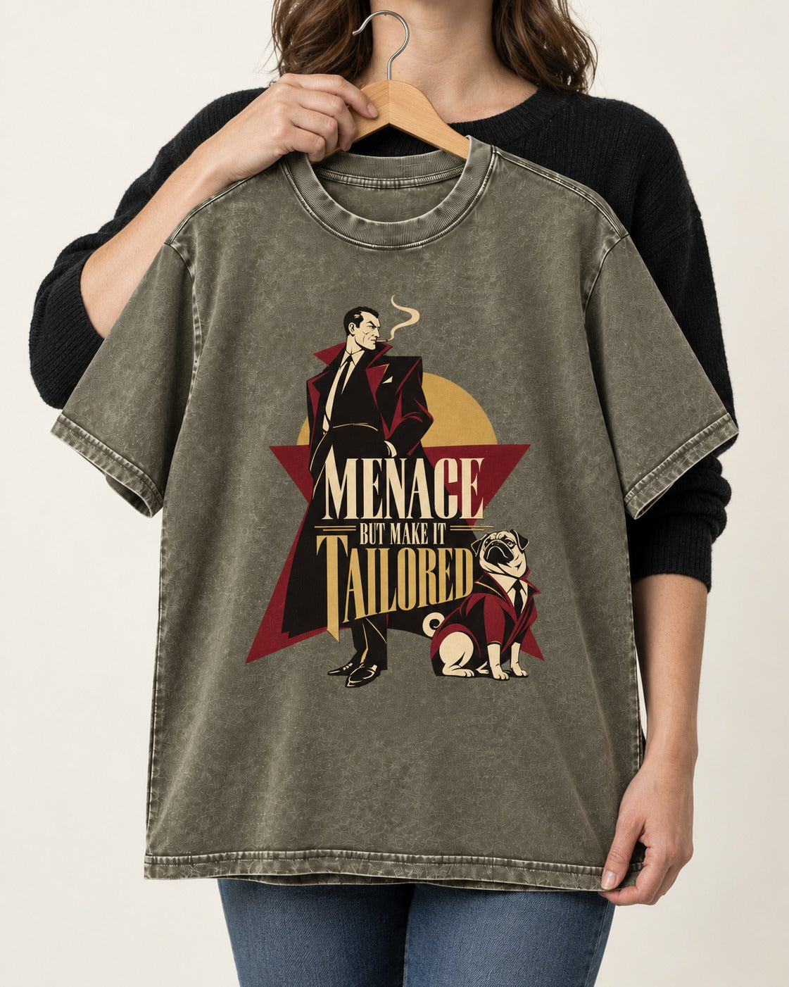 Pug Menace But Make It Tailored Graphic Washed Tee in Army Green, held up on a hanger