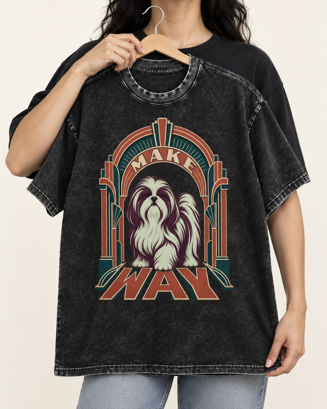 Shih Tzu Make Way Art Deco Arch Portrait Washed Tee in Black, held up on a hanger