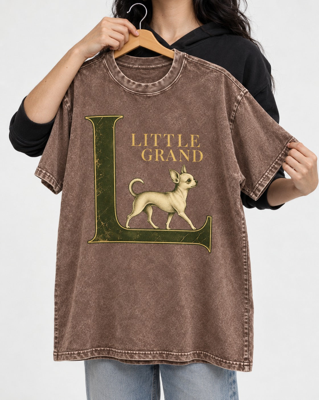 Little Grand Chihuahua Washed Tee in Coffee, held up on a hanger