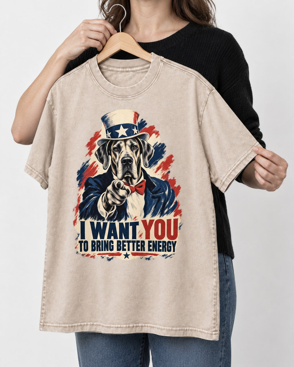 Great Dane I Want You to Bring Better Energy Uncle Sam Graphic Washed Tee in Apricot, held up on a hanger