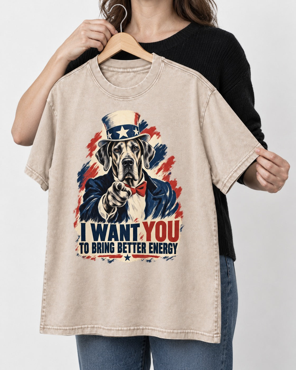 Great Dane I Want You to Bring Better Energy Uncle Sam Graphic Washed Tee in Apricot, held up on a hanger