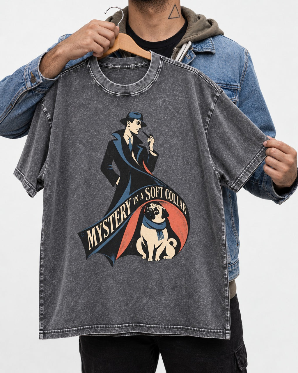 Pug Soft Collar Mystery Washed Tee in Gray, held up on a hanger