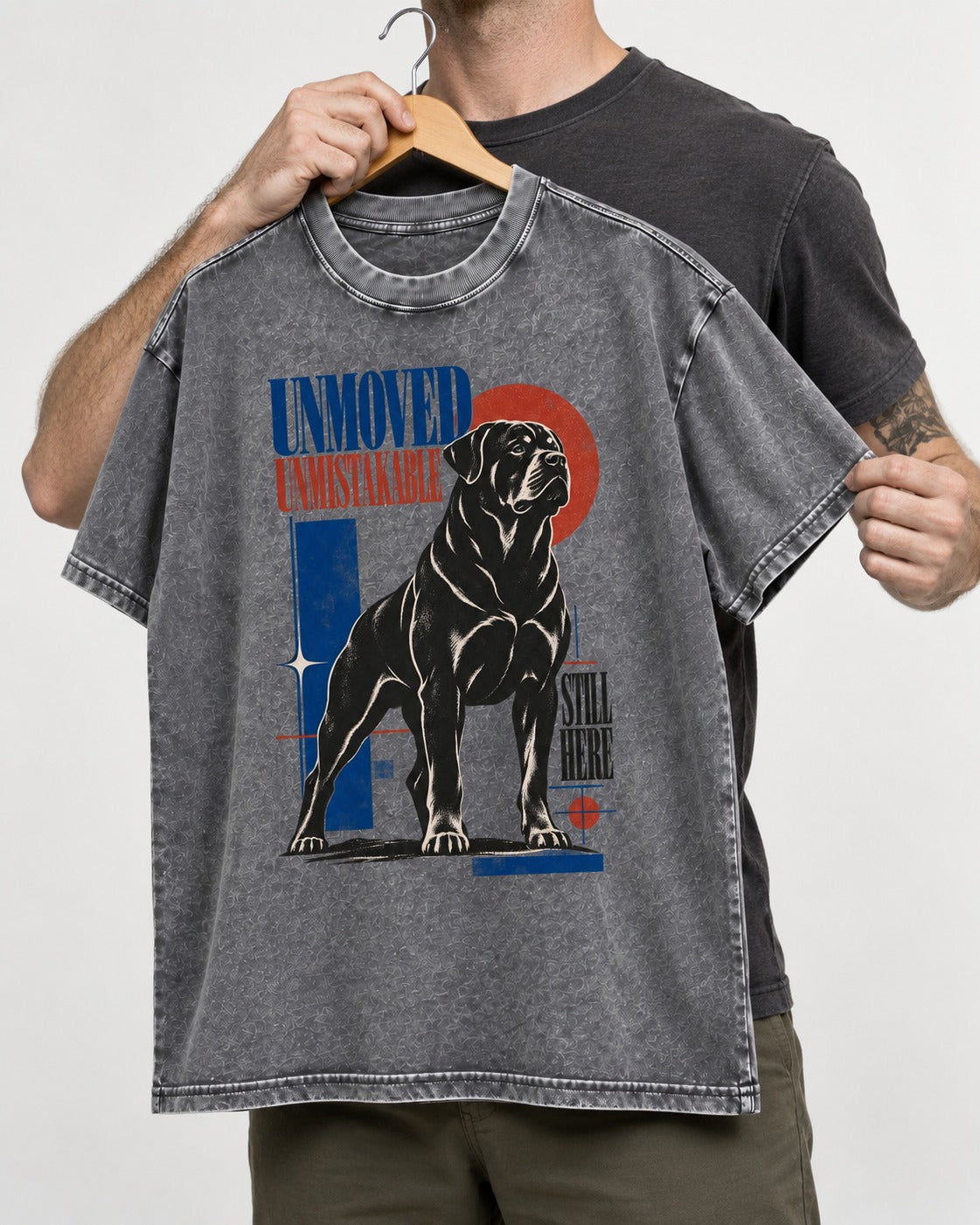 Unmoved Unmistakable Rottweiler Washed Tee in Gray, held up on a hanger