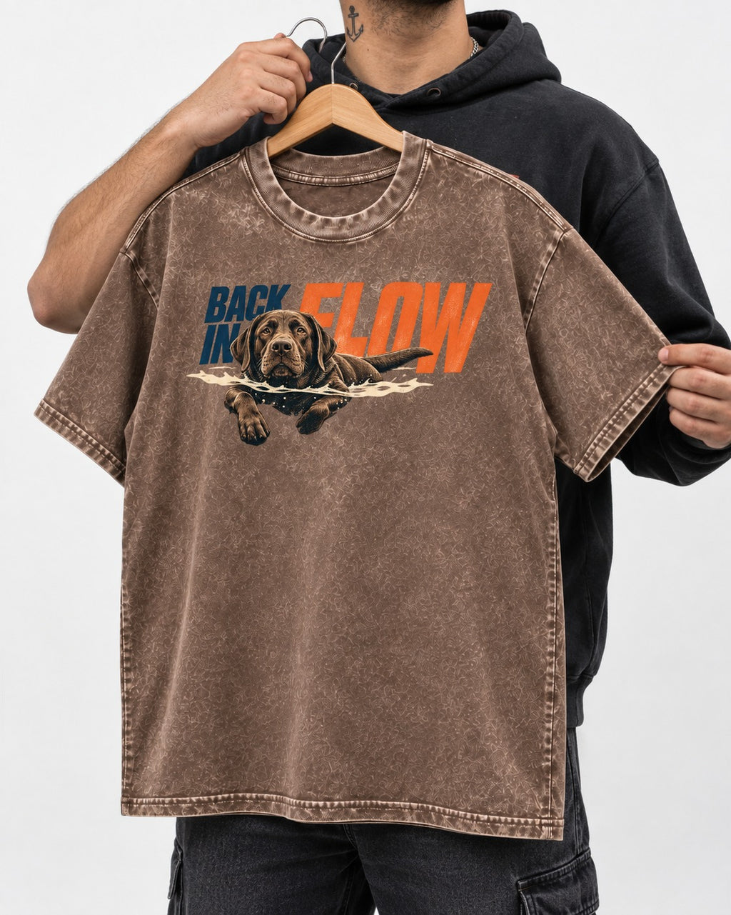 Labrador Retriever Back in Flow Washed Tee in Coffee, held up on a hanger