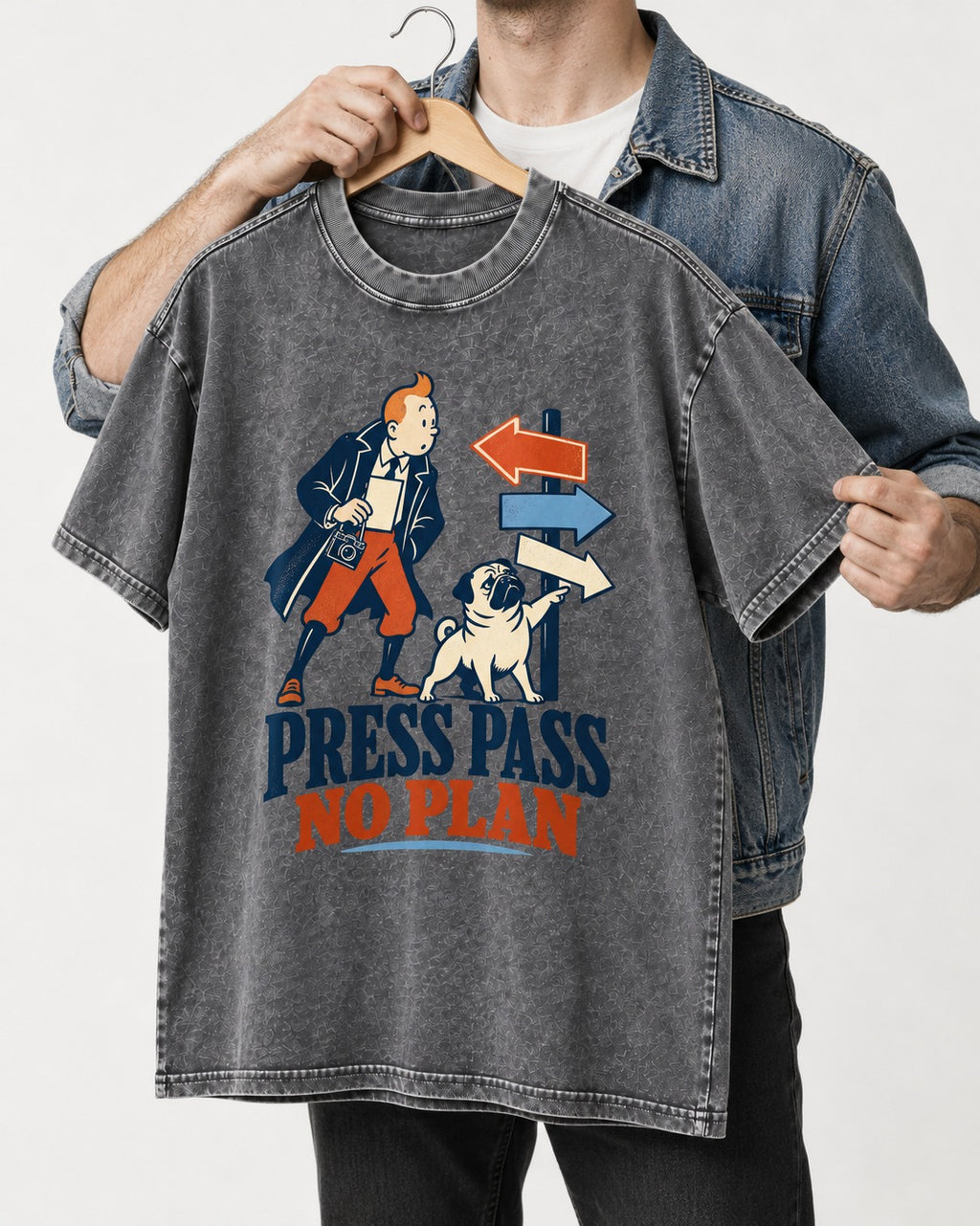 Pug Press Pass No Plan Washed Tee in Gray, held up on a hanger