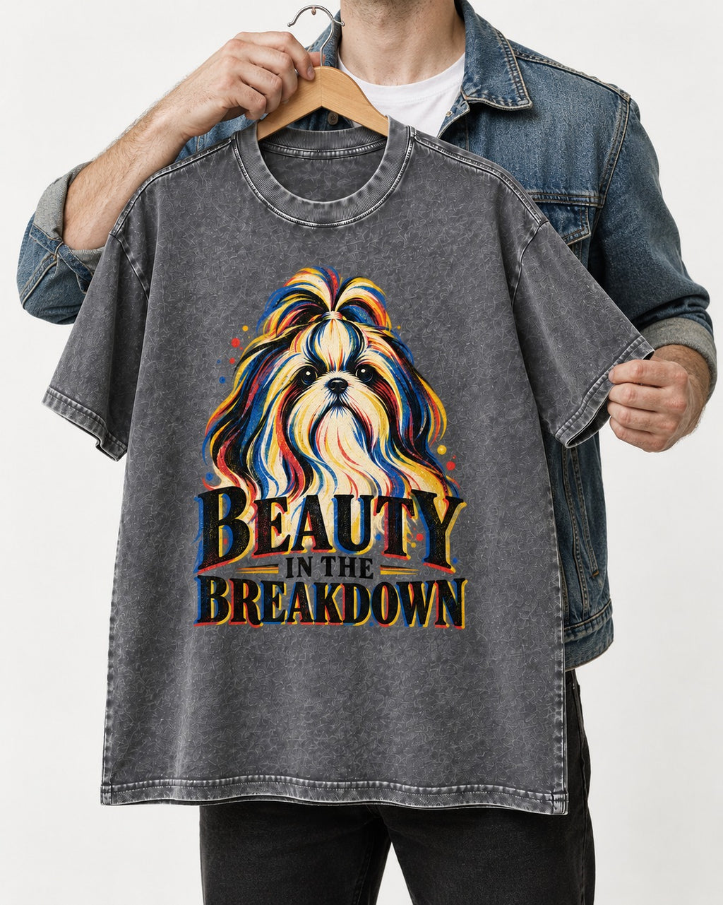 Shih Tzu Beauty in the Breakdown Washed Tee in Gray, held up on a hanger
