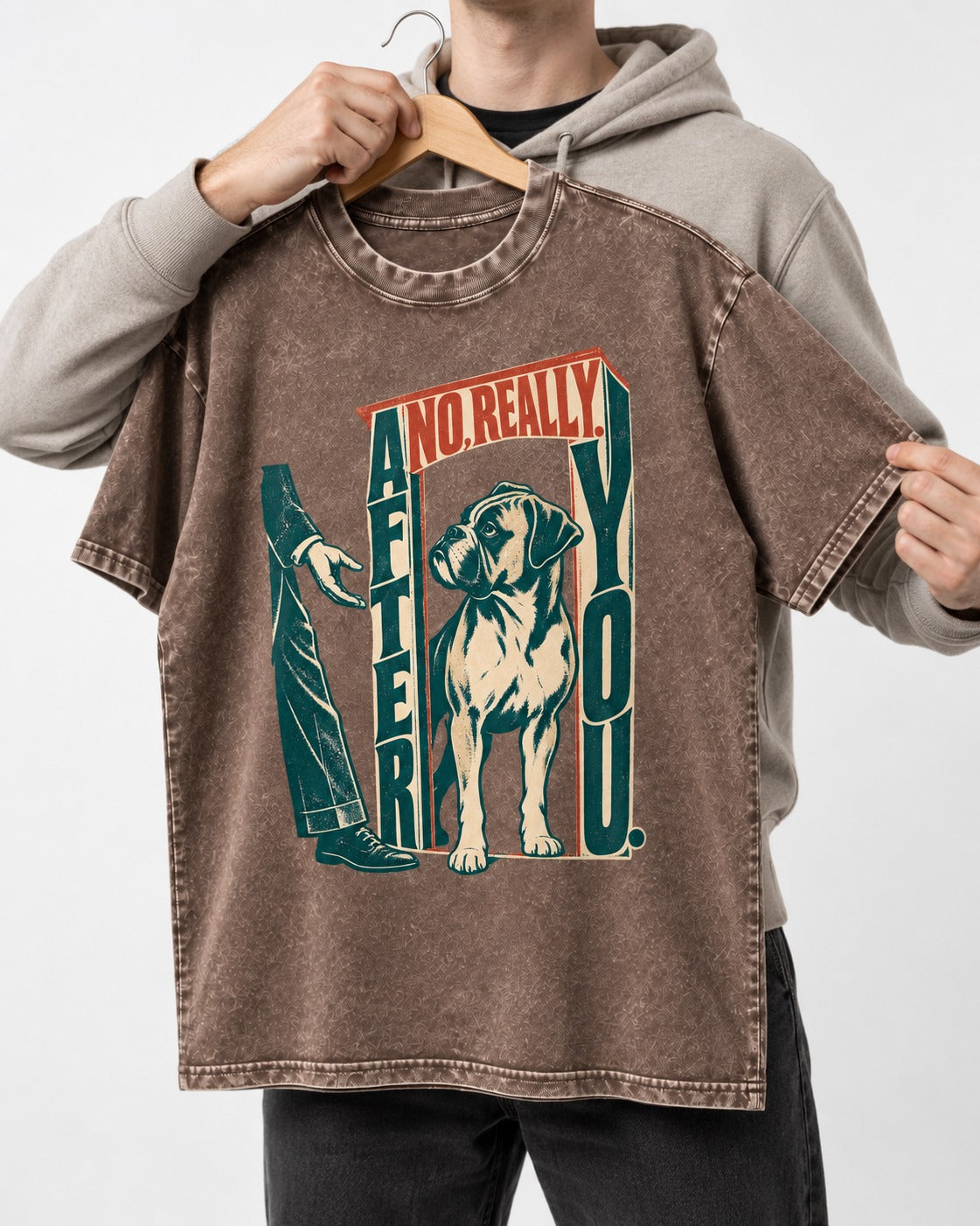 Boxer Says After You Washed Tee in Coffee, held up on a hanger