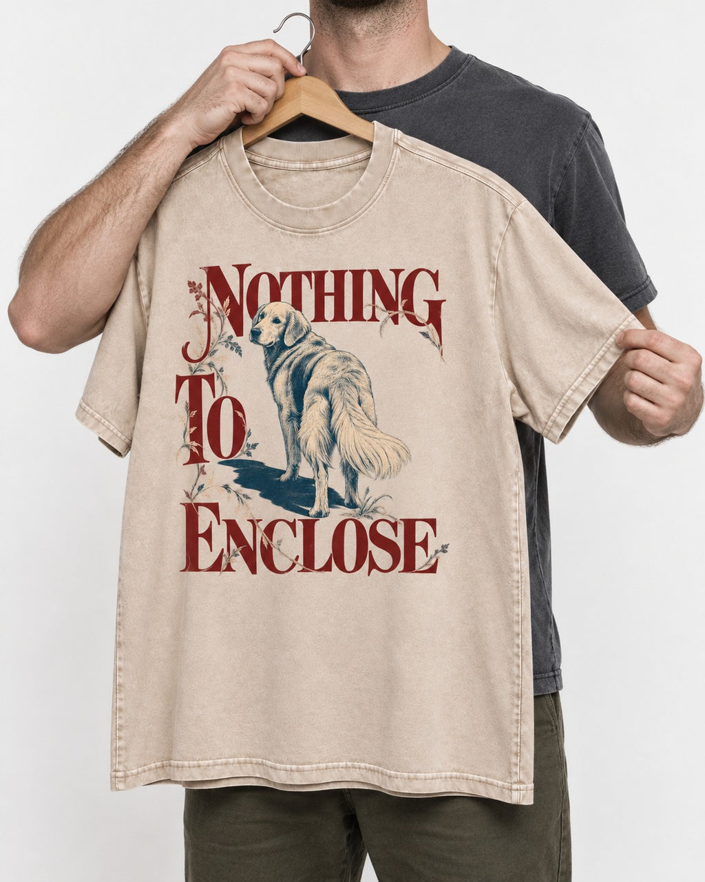 Golden Retriever Nothing to Enclose Washed Tee in Apricot, held up on a hanger