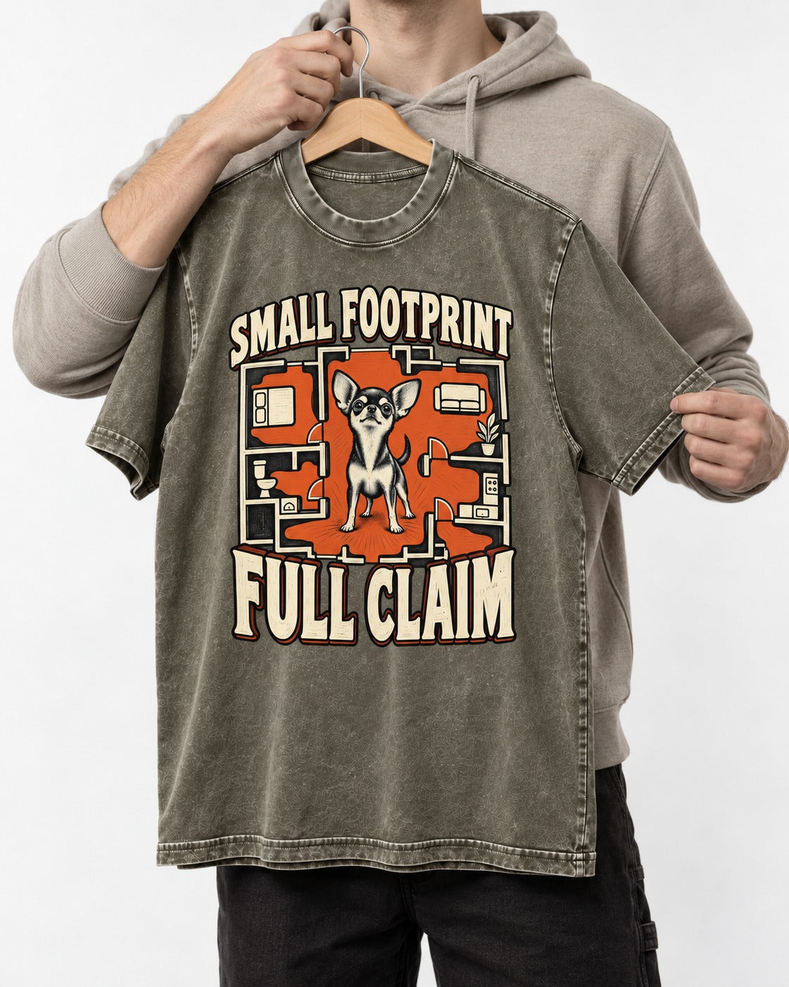 Chihuahua Small Footprint Full Claim Floor Plan Graphic Washed Tee in Army Green, held up on a hanger