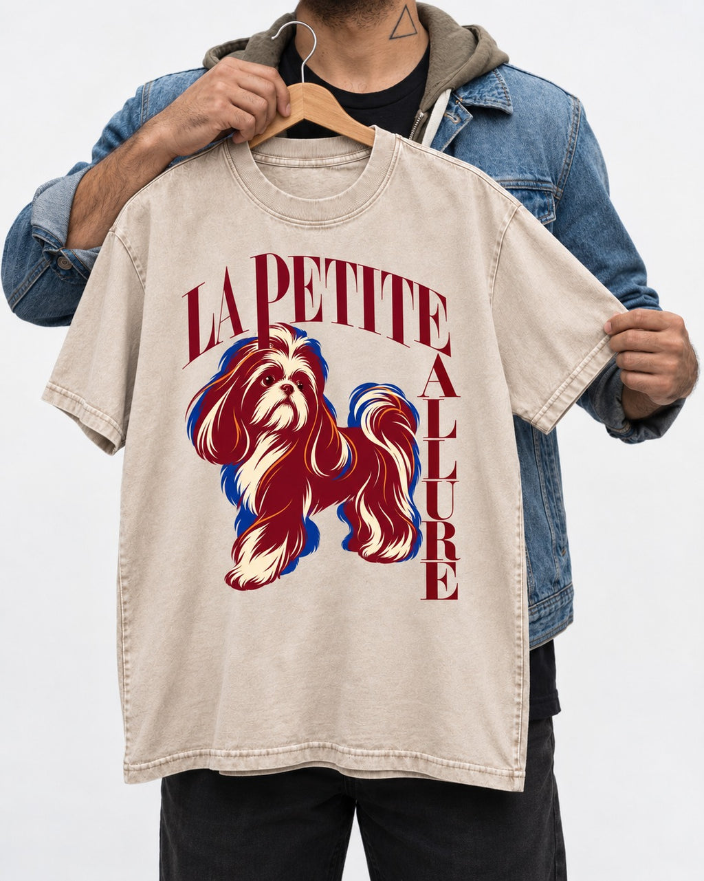 La Petite Allure Shih Tzu Washed Tee in Apricot, held up on a hanger