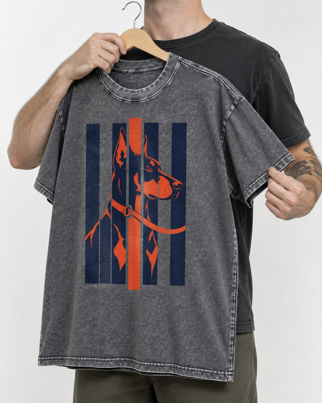 Doberman Orange Navy Vertical Slat Portrait Graphic Washed Tee in Gray, held up on a hanger
