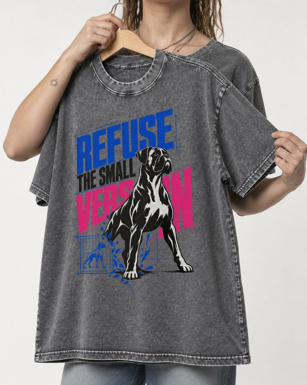 Boxer Refuse the Small Version Washed Tee in Gray, held up on a hanger