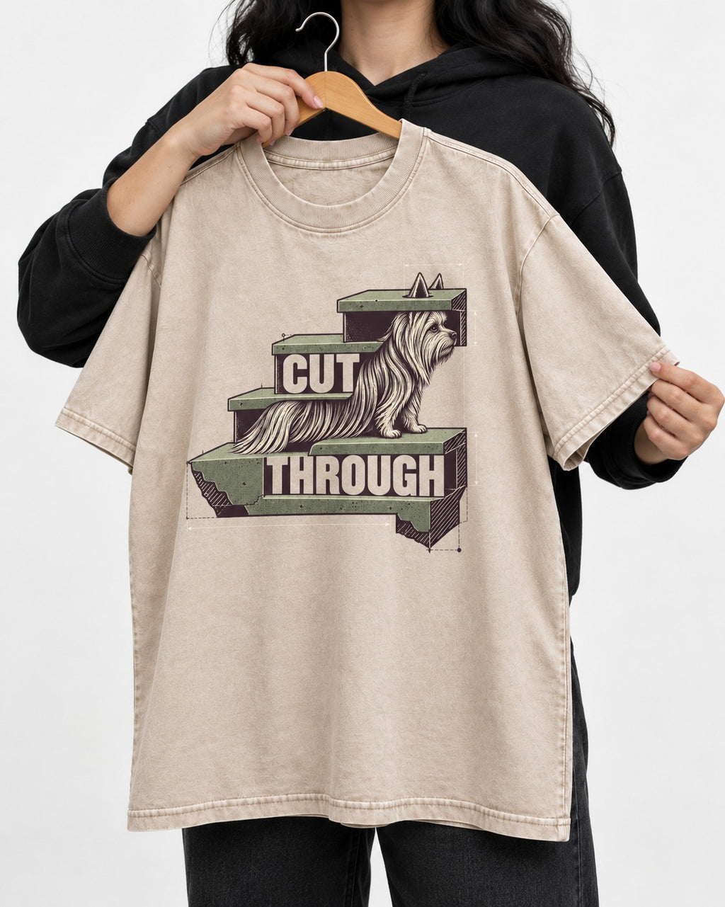 Yorkshire Terrier Cut Through Washed Tee in Apricot, held up on a hanger