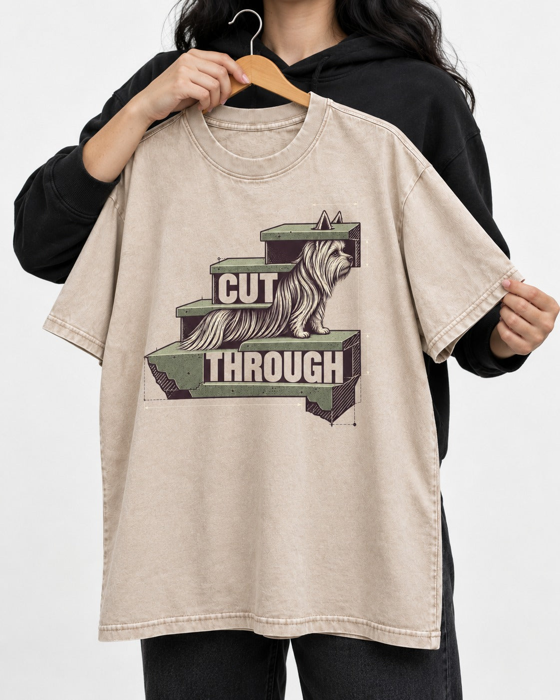 Yorkshire Terrier Cut Through Washed Tee in Apricot, held up on a hanger
