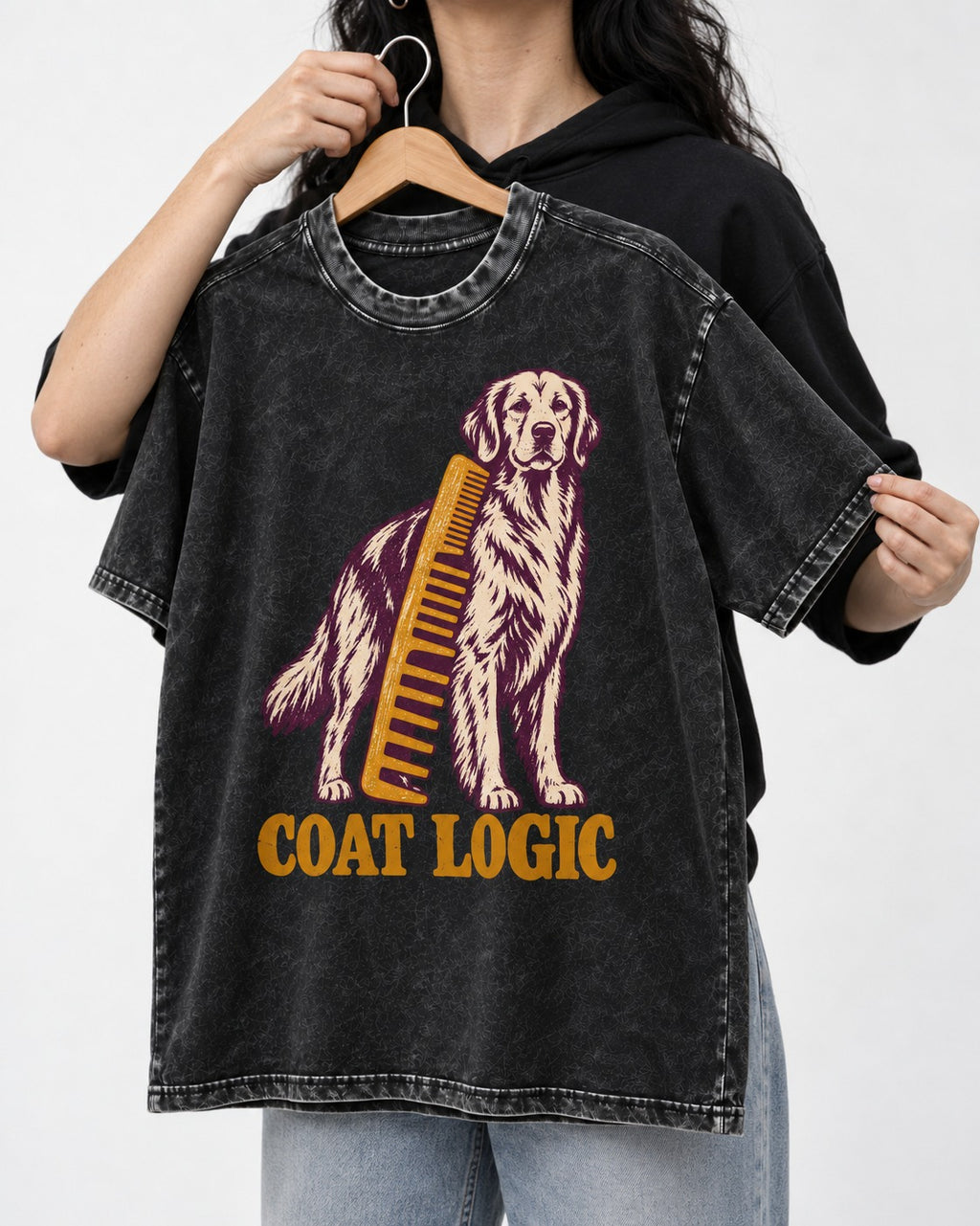Golden Retriever Coat Logic Grooming Gauge Graphic Washed Tee in Black, held up on a hanger