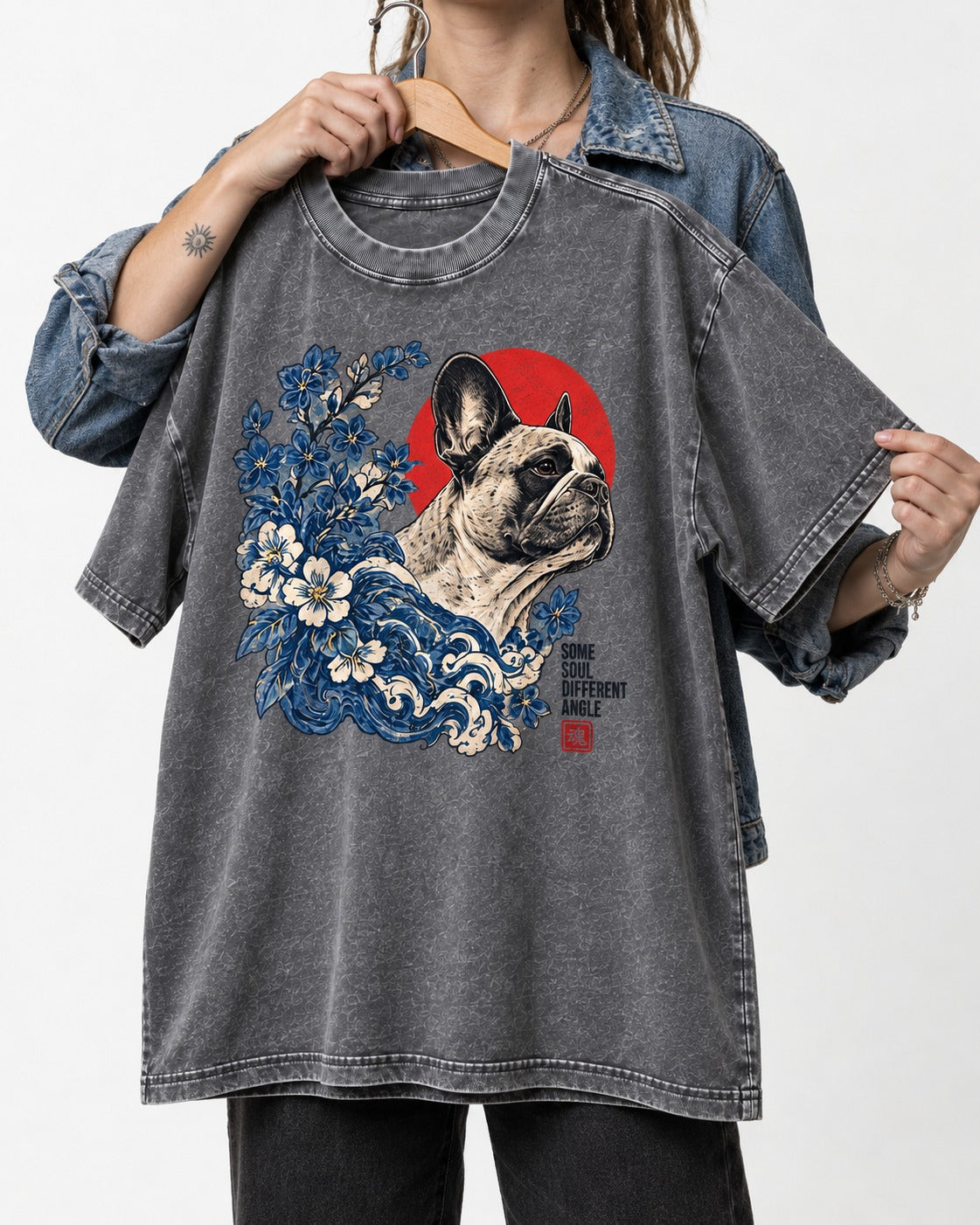 Some Soul Different Angle Frenchie Washed Tee in Gray, held up on a hanger