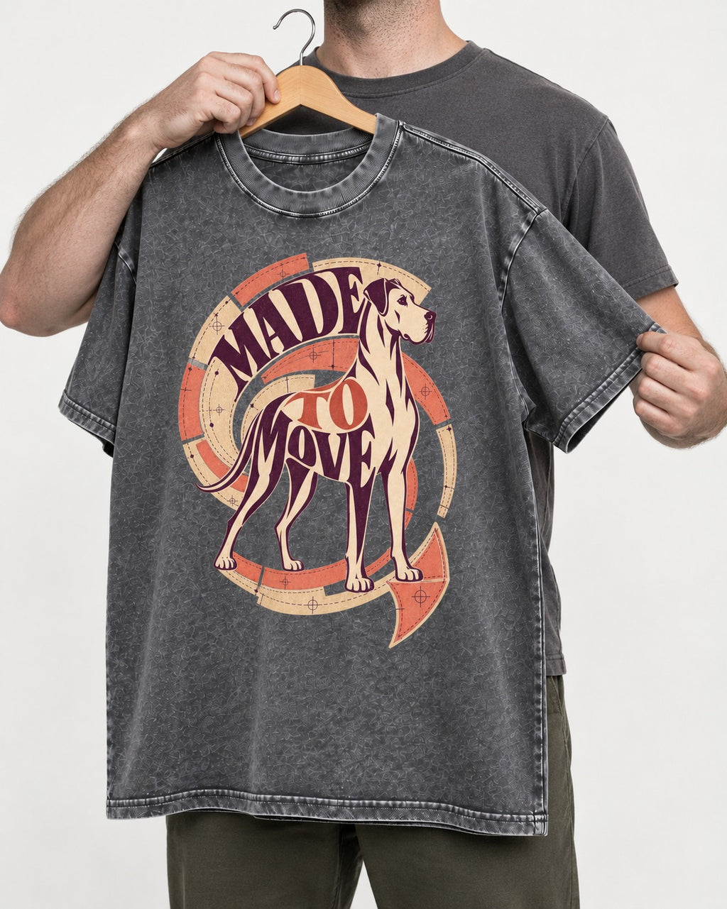 Great Dane Made to Move Washed Tee in Gray, held up on a hanger