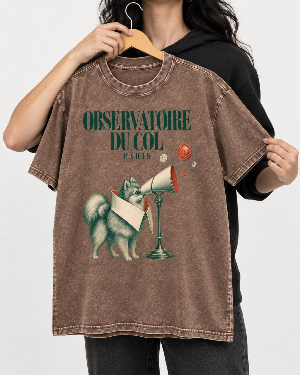 Pomeranian Observatoire Du Col Washed Tee in Coffee, held up on a hanger