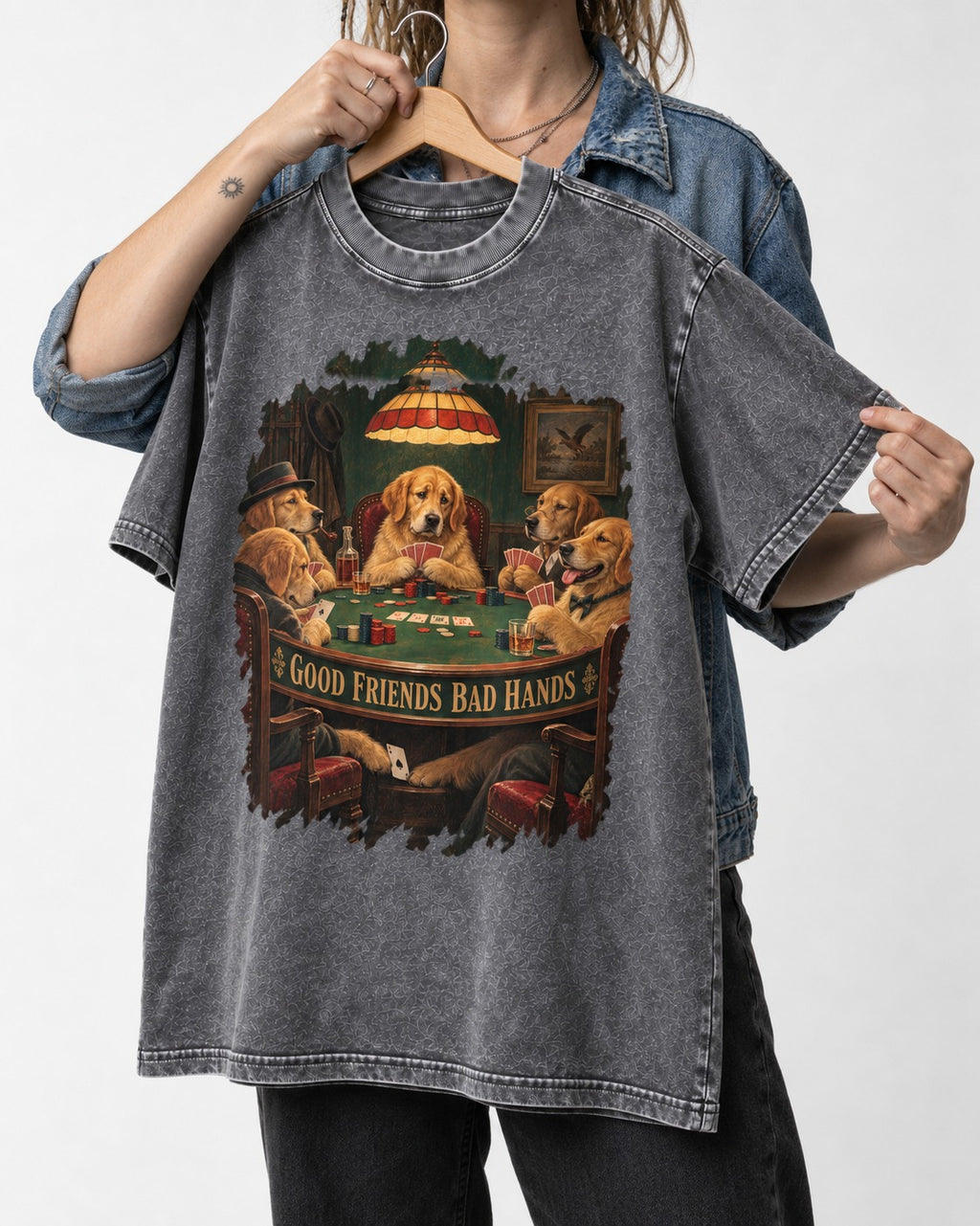 Good Friends Bad Hands Poker Golden Retriever Graphic Washed Tee in Gray, held up on a hanger