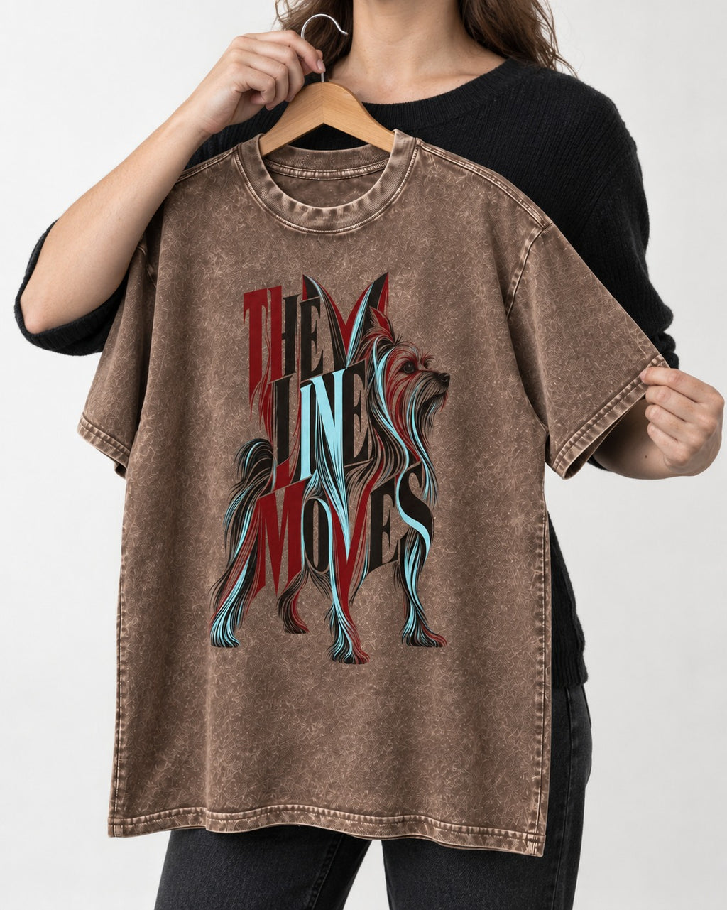 The One Moves Yorkshire Terrier Washed Tee in Coffee, held up on a hanger