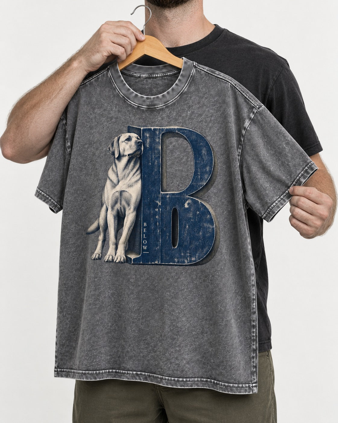 Labrador Retriever Below Washed Tee in Gray, held up on a hanger