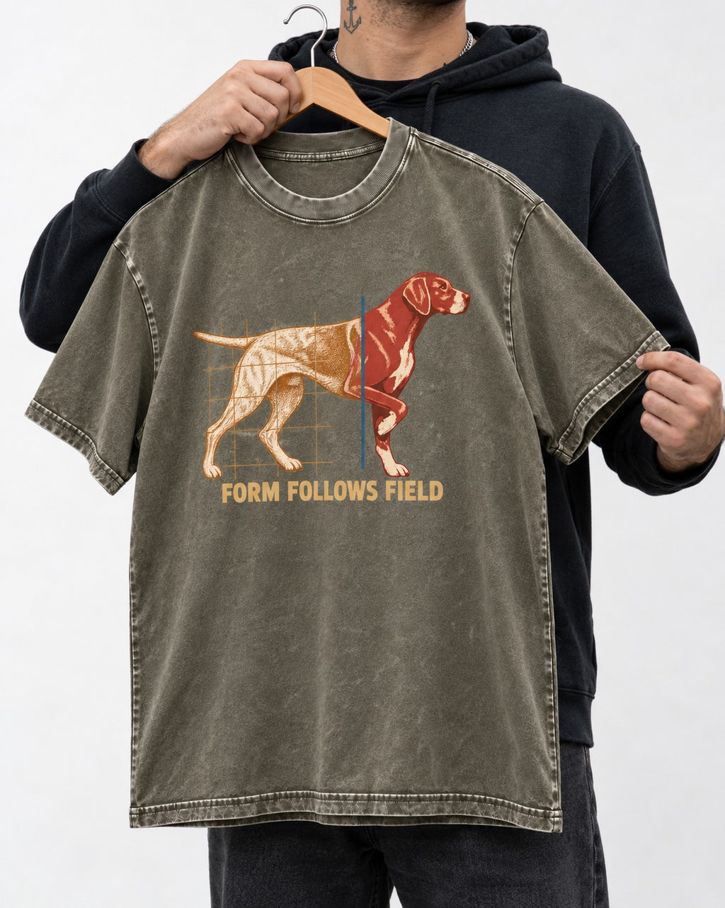 German Shorthaired Pointer Form Follows Field Grid Graphic Washed Tee in Army Green, held up on a hanger