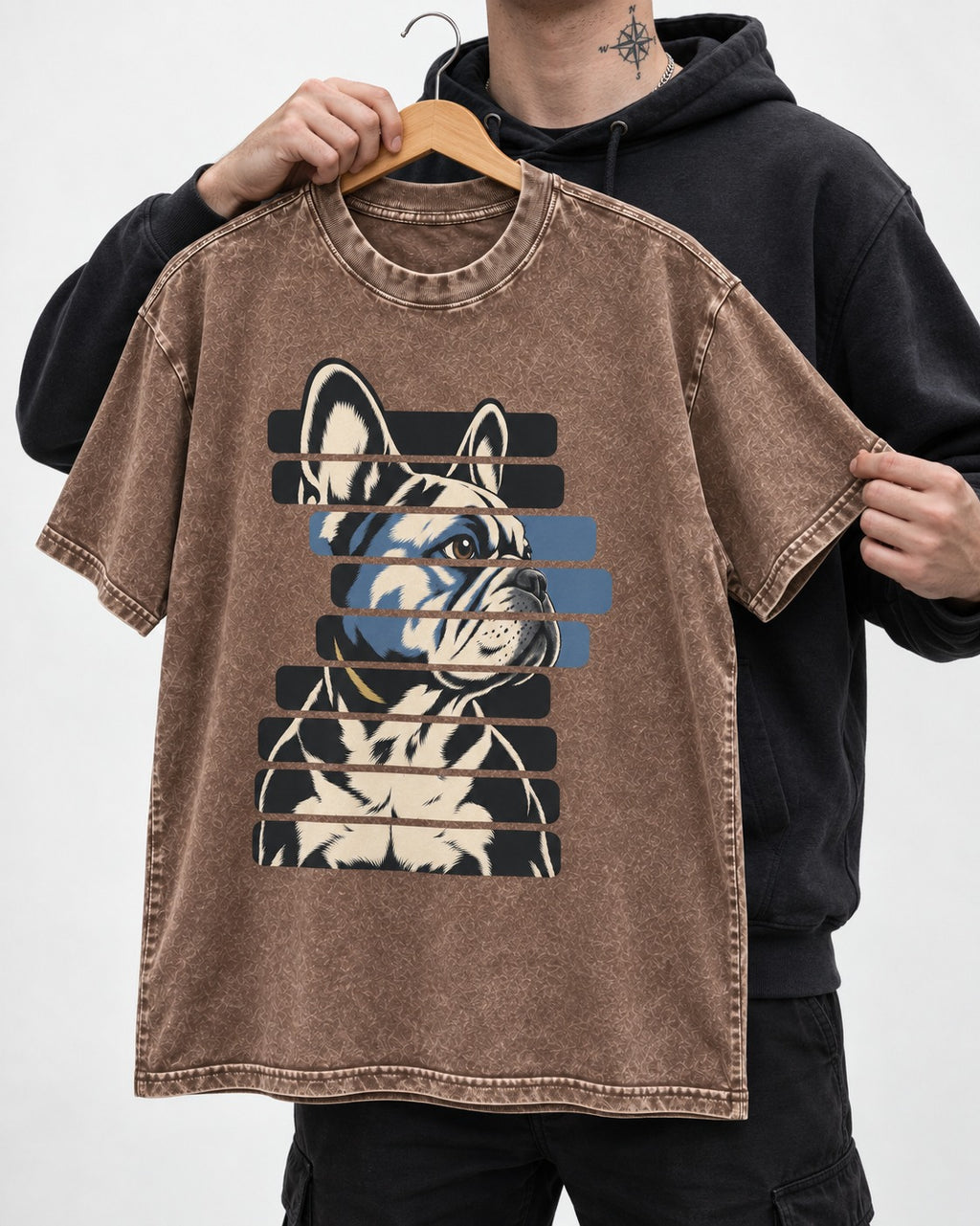 Frenchie Quiet Confidence Washed Tee in Coffee, held up on a hanger