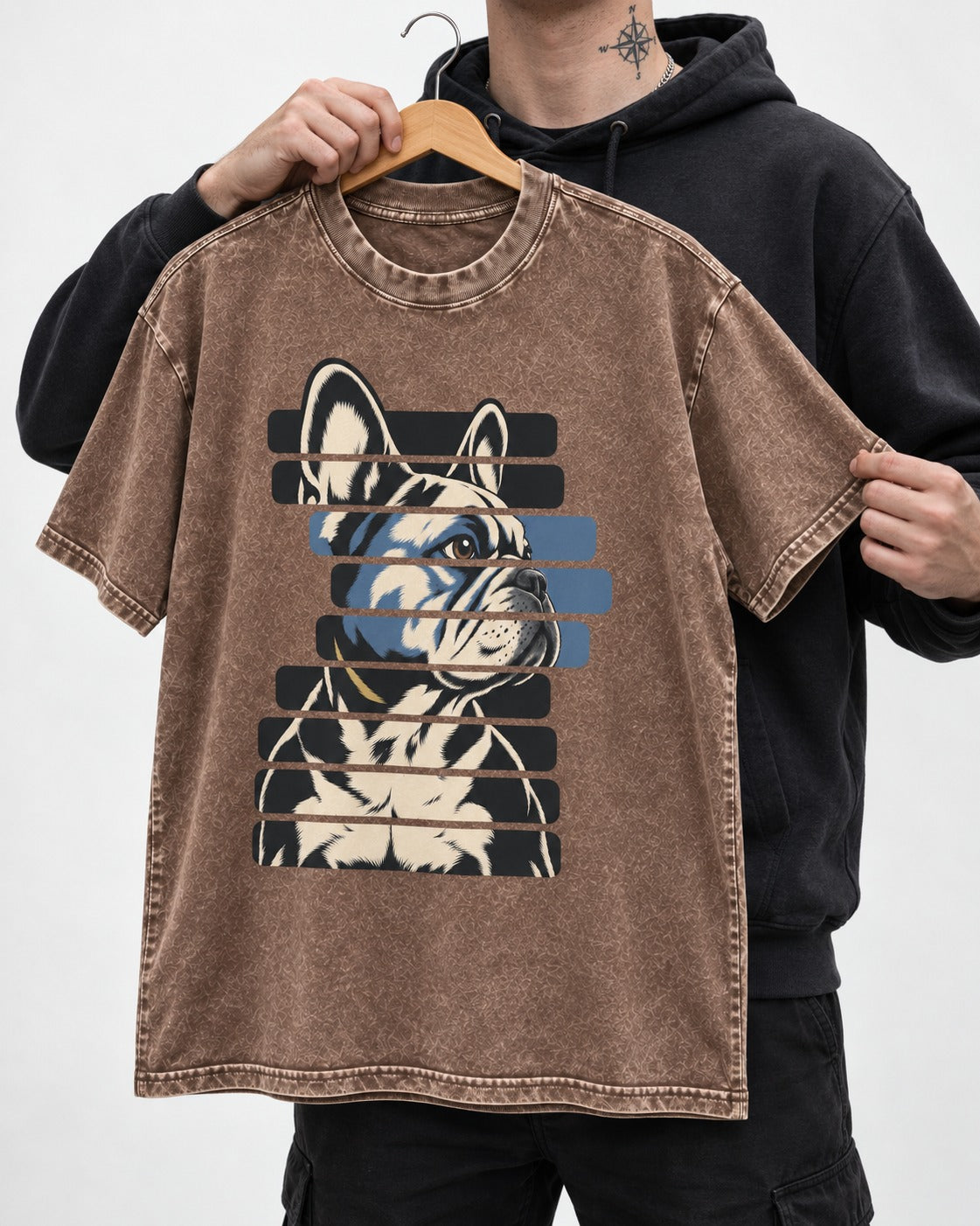 Frenchie Quiet Confidence Washed Tee in Coffee, held up on a hanger