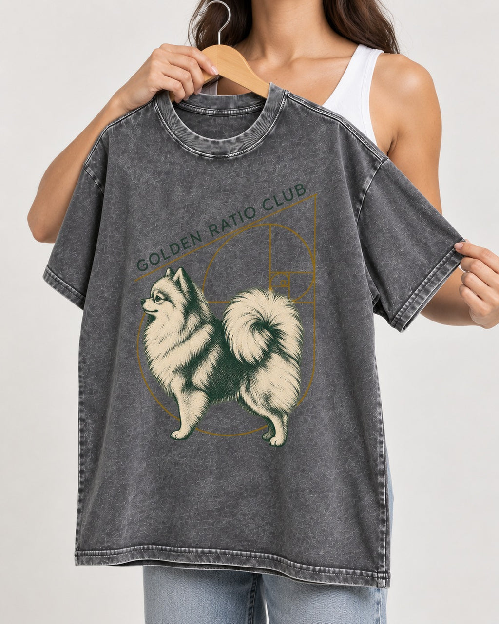 Pomeranian Golden Ratio Club Washed Tee in Gray, held up on a hanger