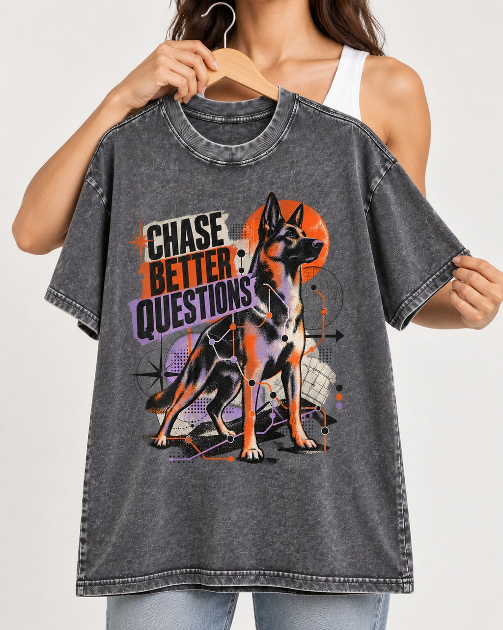 Chase Better Questions German Shepherd Dog Washed Tee in Gray, held up on a hanger