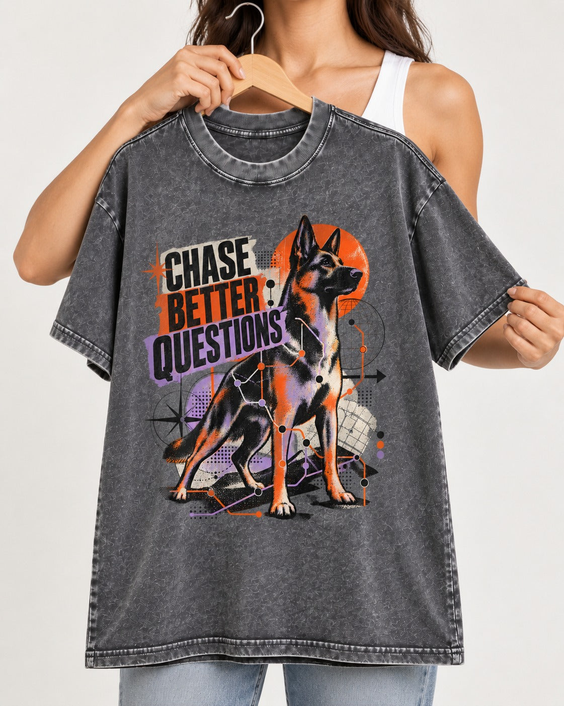 Chase Better Questions German Shepherd Dog Washed Tee in Gray, held up on a hanger