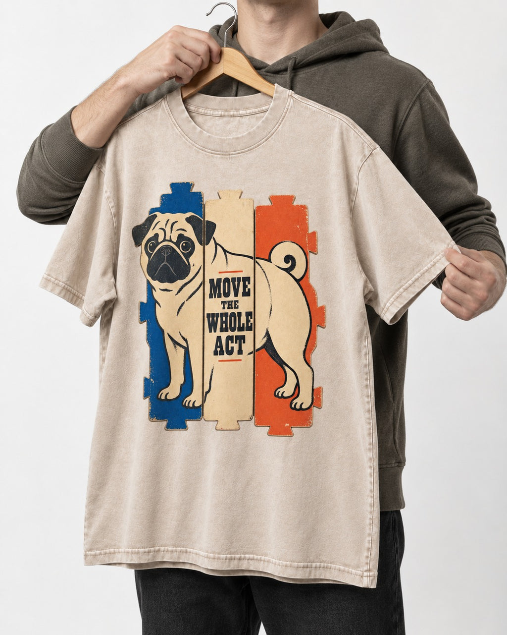Pug Move the Whole Act Color Block Graphic Washed Tee in Apricot, held up on a hanger