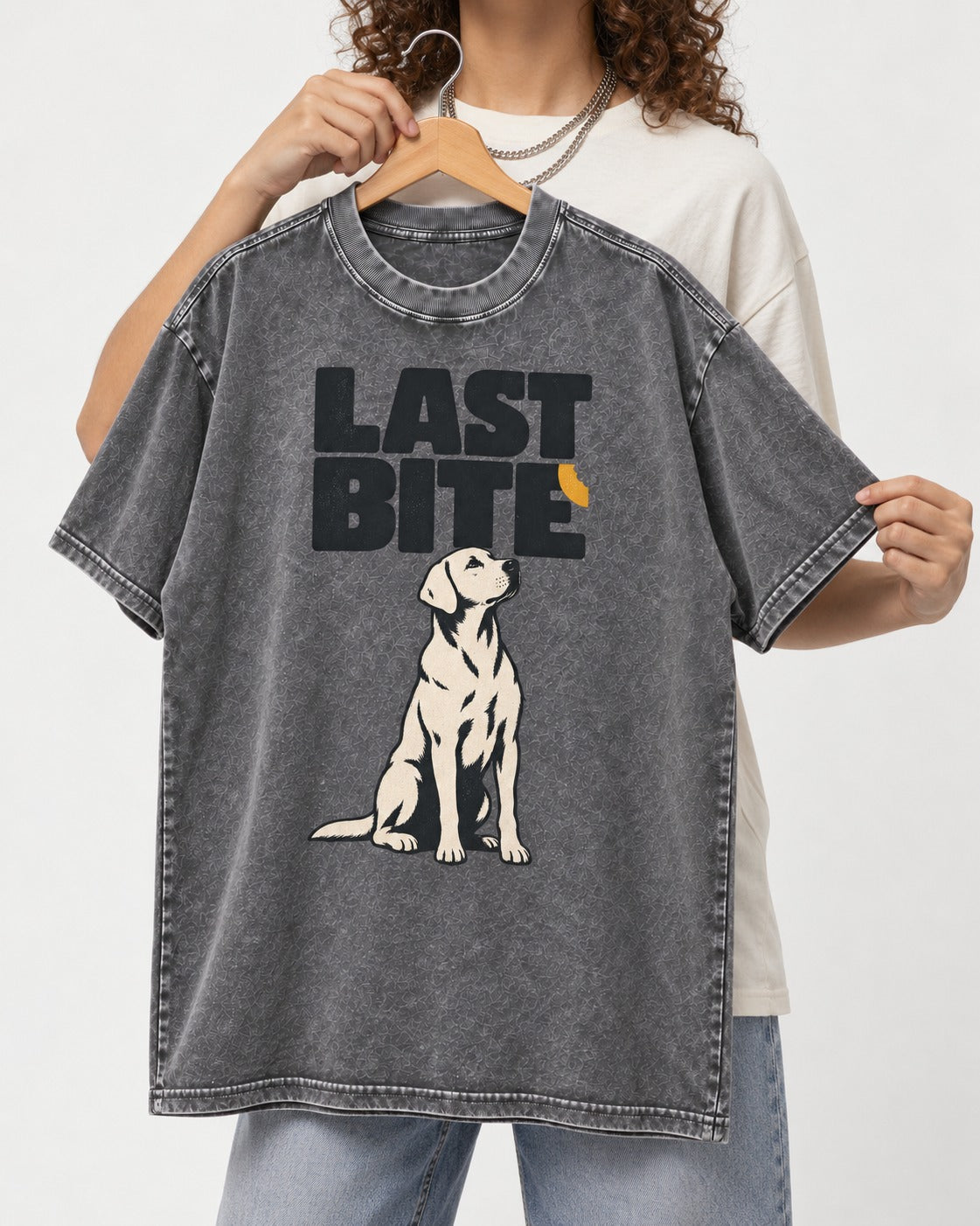 Labrador Retriever's Last Bite Washed Tee in Gray, held up on a hanger