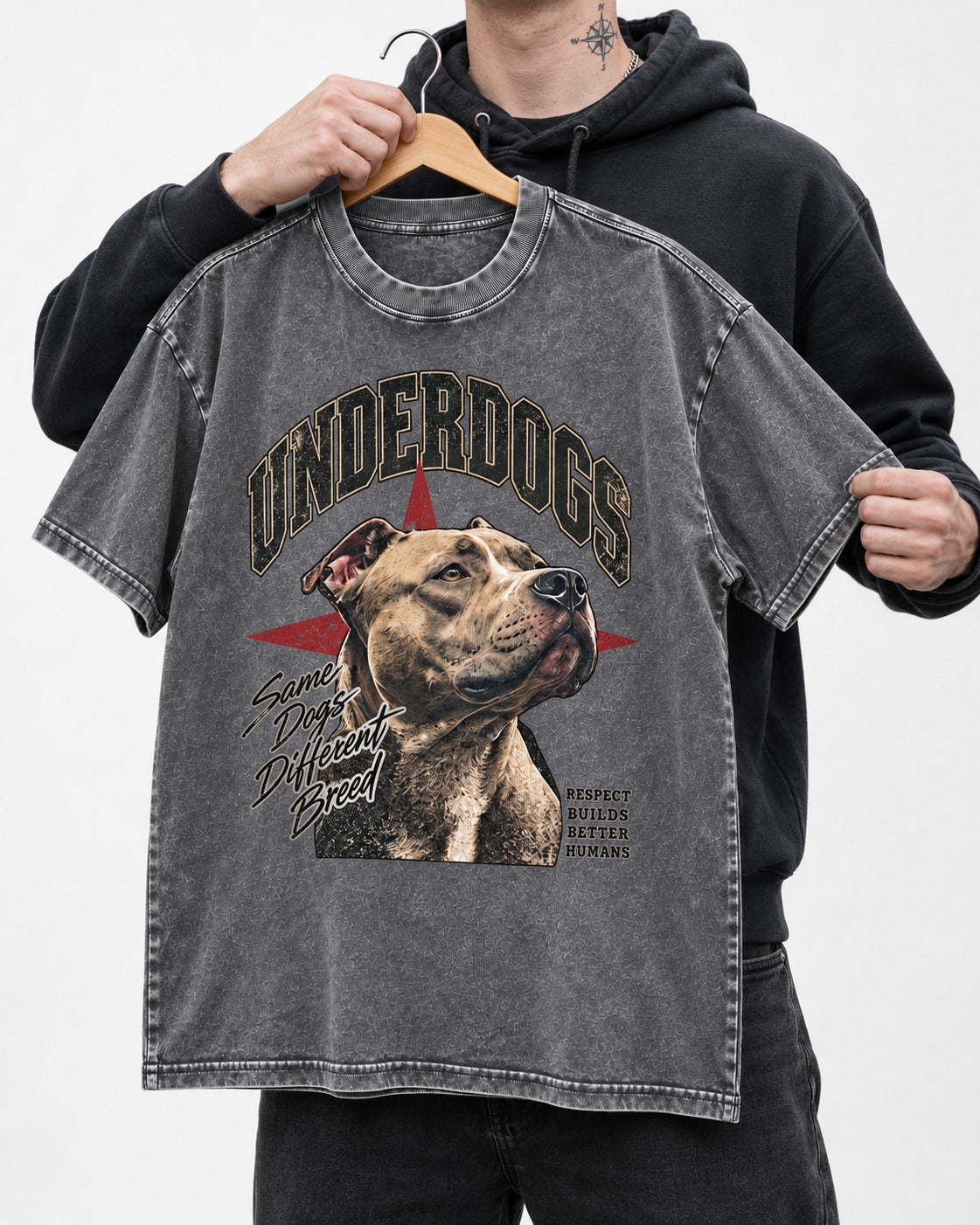 Pitbull Underdogs Same Dogs Different Breed Portrait Graphic Washed Tee in Gray, held up on a hanger