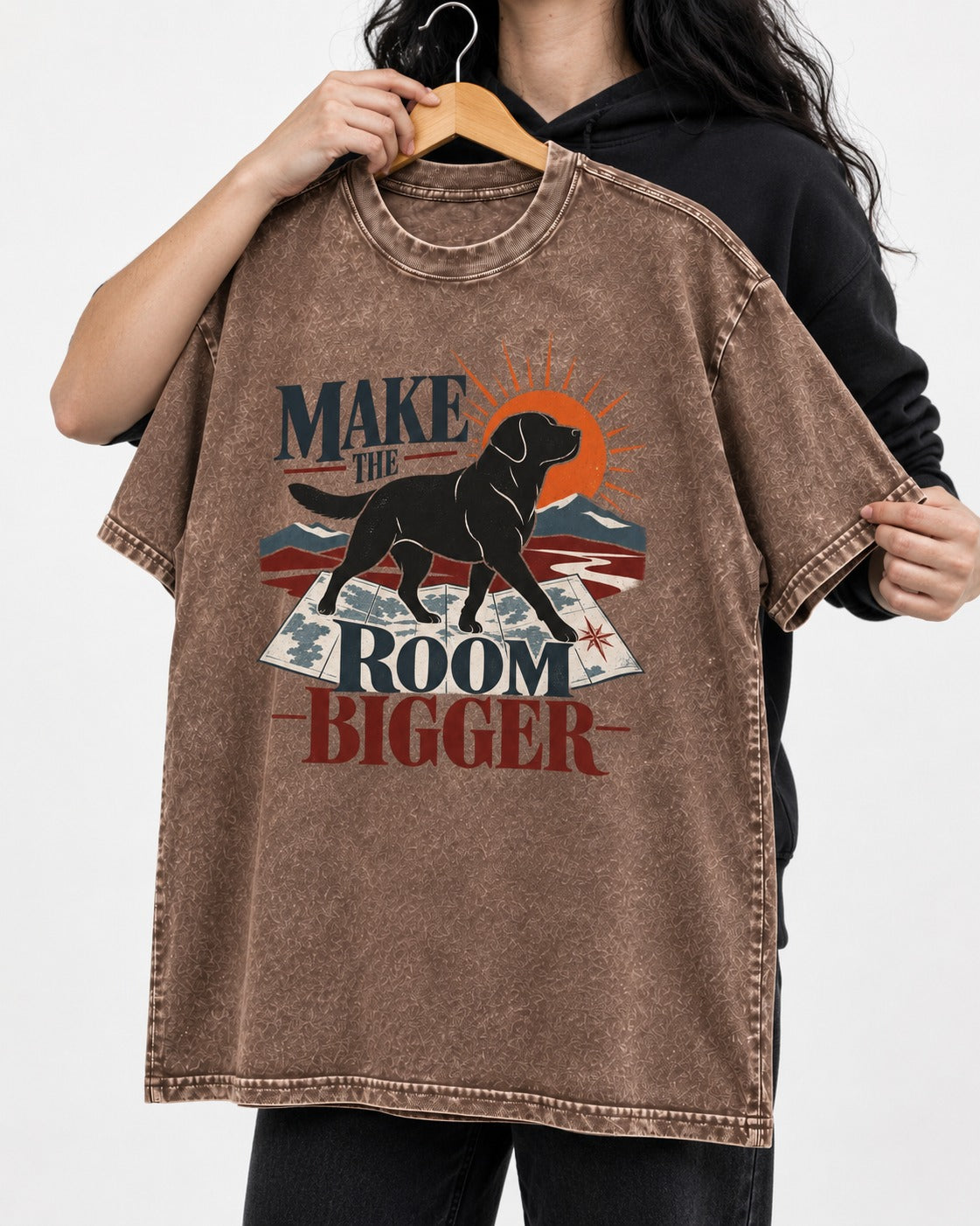 Make the Room Bigger Labrador Retriever Washed Tee in Coffee, held up on a hanger