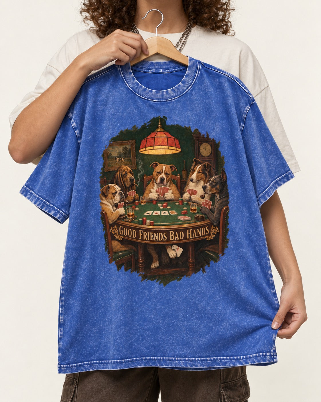 Pitbull Good Friends Bad Hands Poker Night Graphic Washed Tee in Royal Blue, held up on a hanger