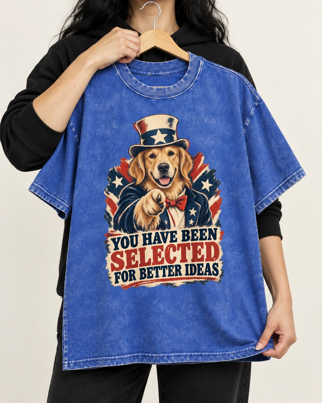 You Have Been Selected for Better Ideas Uncle Sam Golden Retriever Graphic Washed Tee in Royal Blue, held up on a hanger