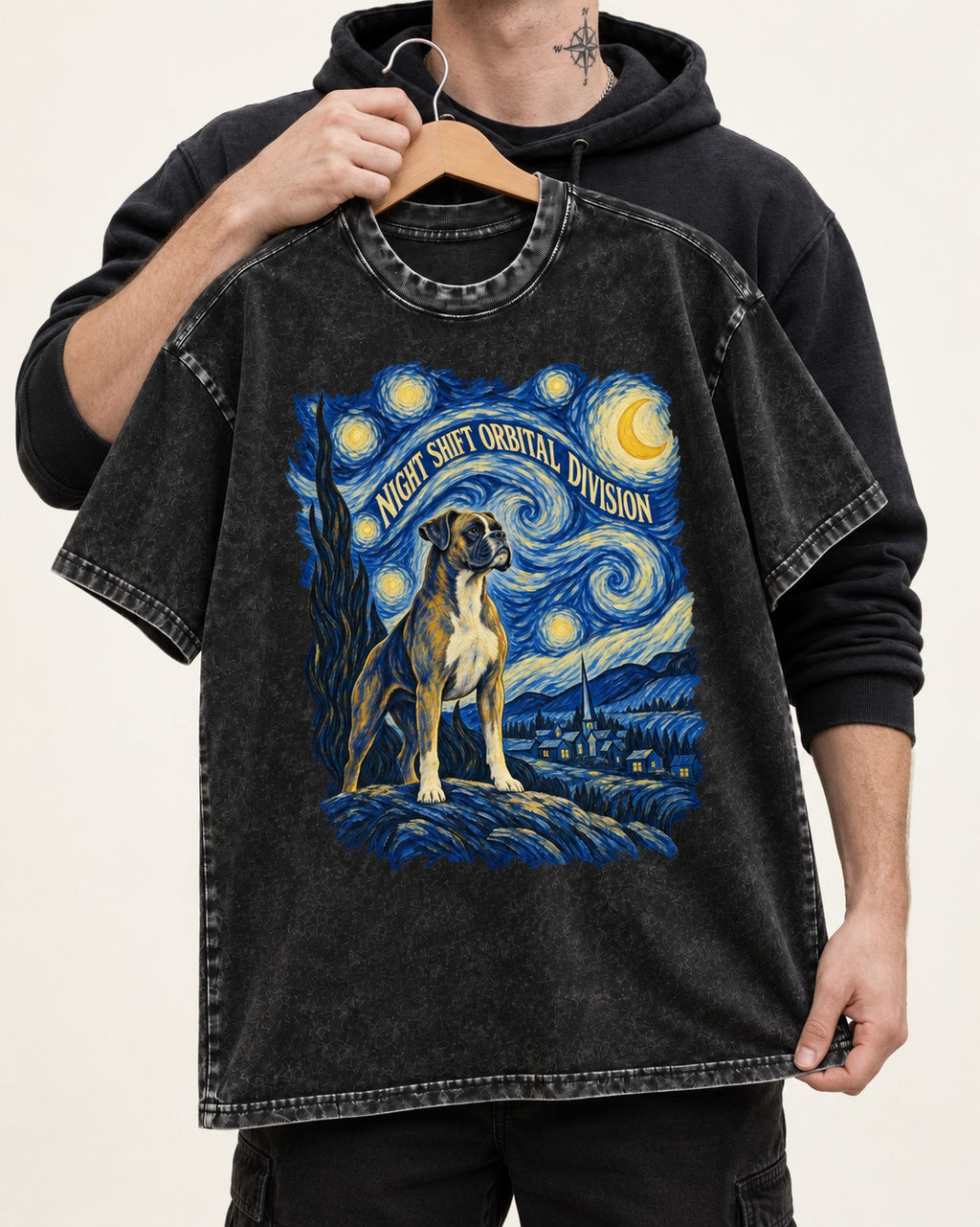 Night Shift Orbital Division Boxer Night Sky Graphic Washed Tee in Black, held up on a hanger