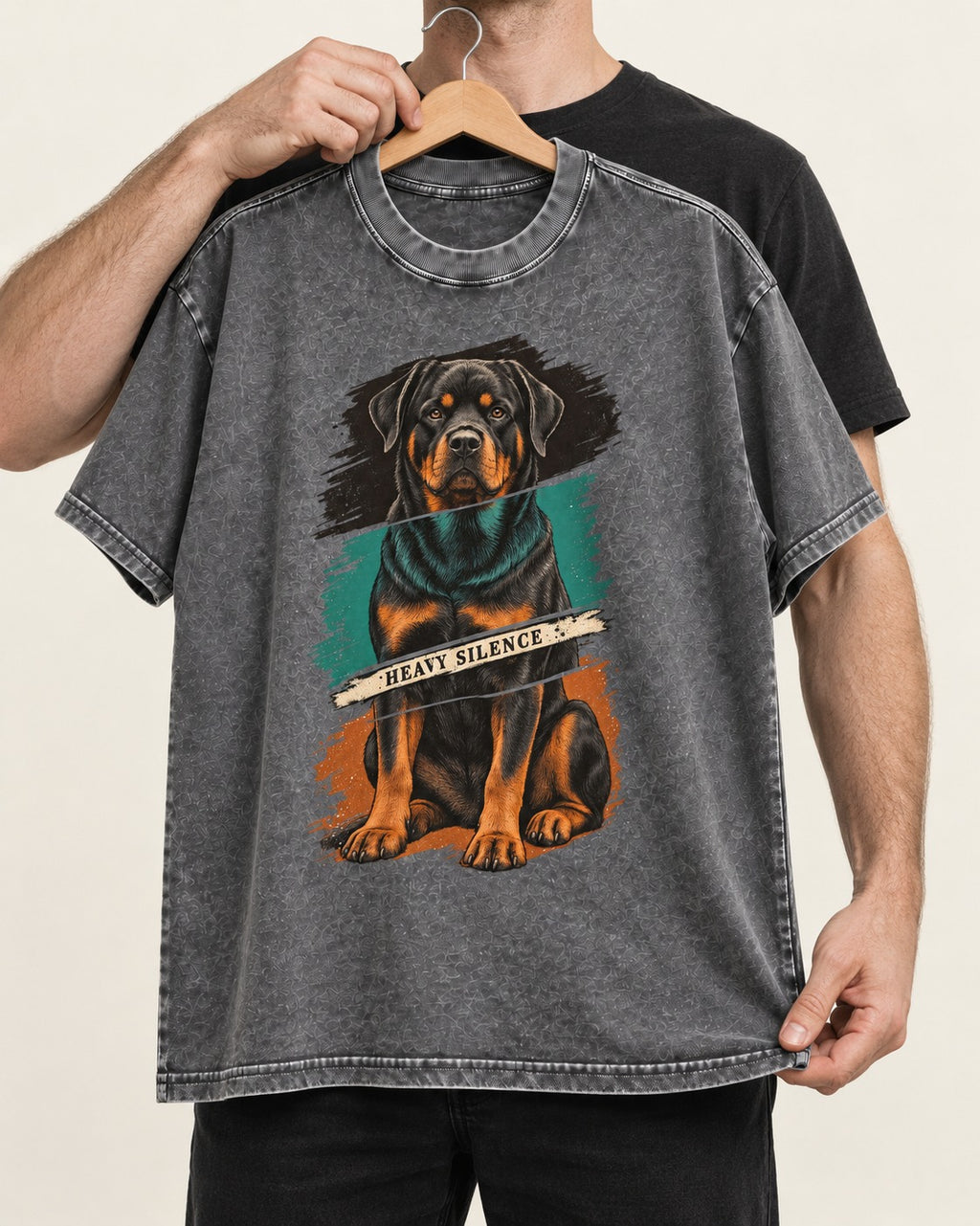 Rottweiler Heavy Silence Brushstroke Portrait Graphic Washed Tee in Gray, held up on a hanger