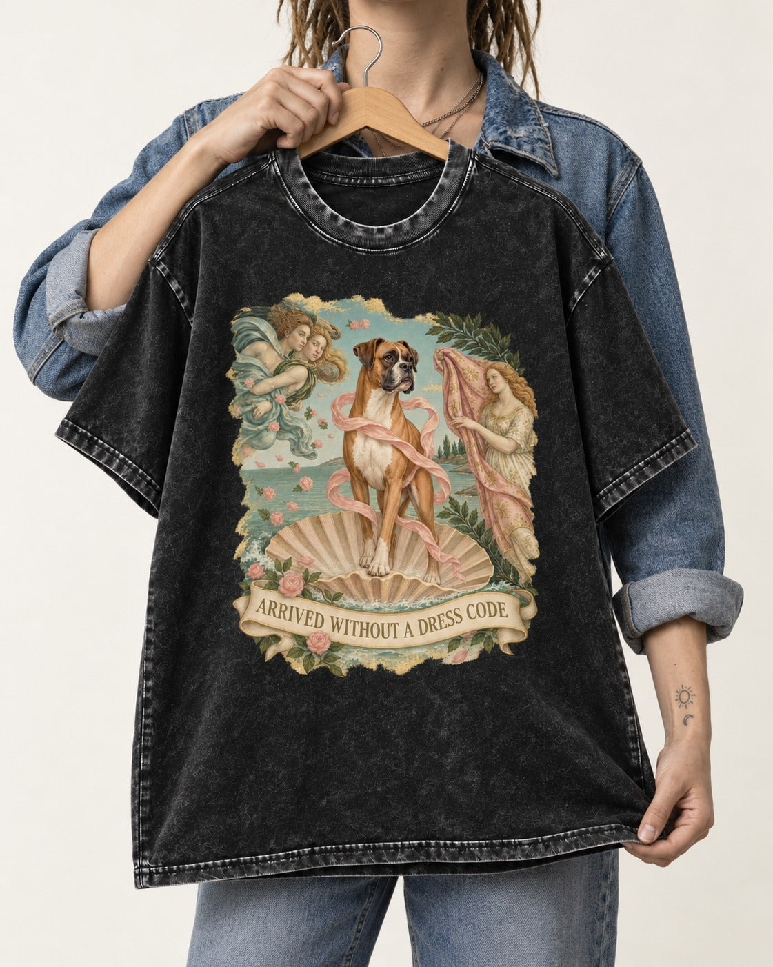 Arrived Without a Dress Code Boxer Classical Collage Washed Tee in Black, held up on a hanger