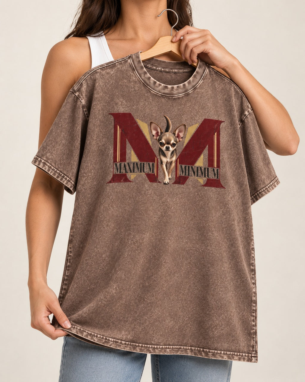 Maximum Minimum Chihuahua Washed Tee in Coffee, held up on a hanger