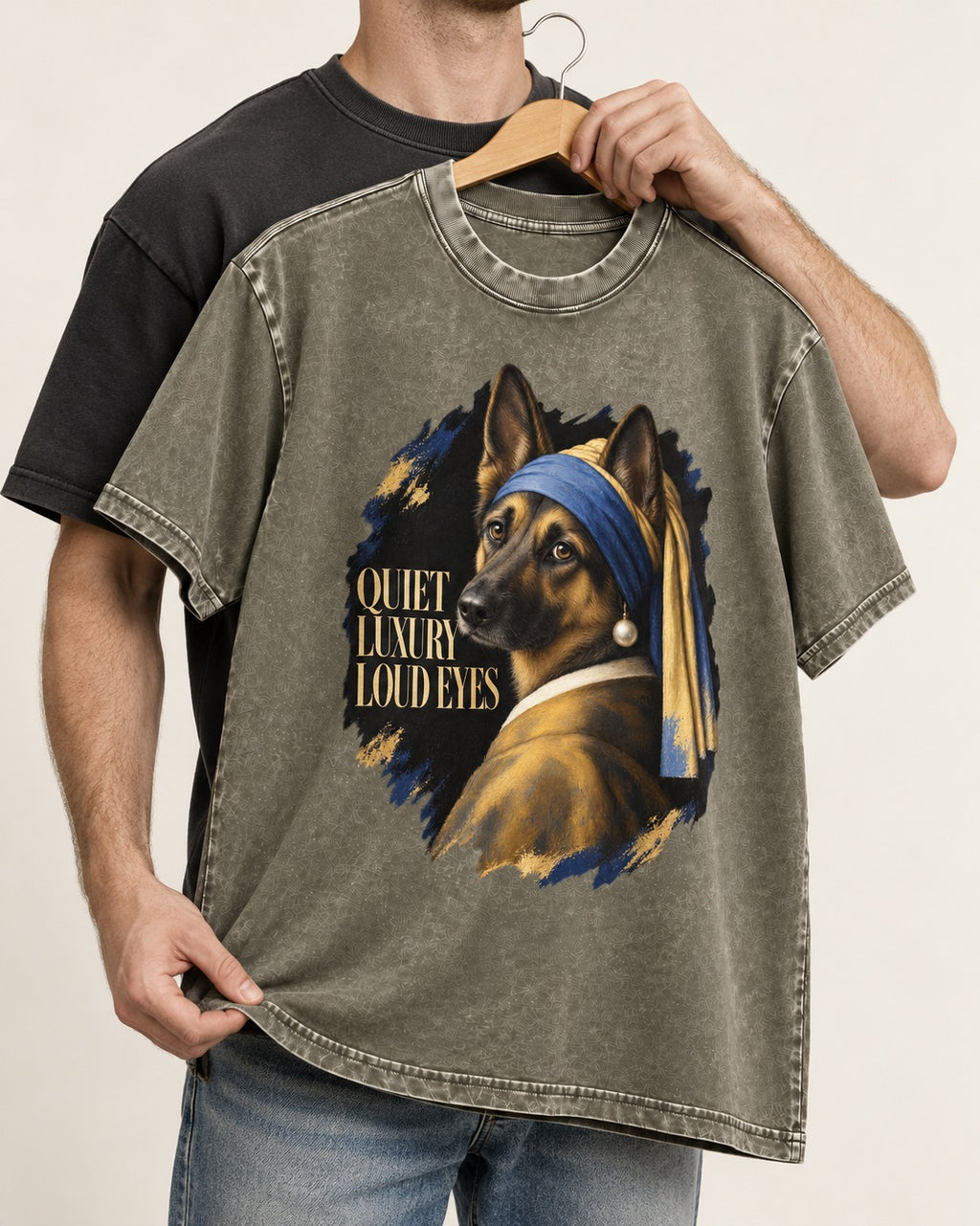 German Shepherd Dog Quiet Luxury Loud Eyes Pearl Portrait Washed Tee in Army Green, held up on a hanger