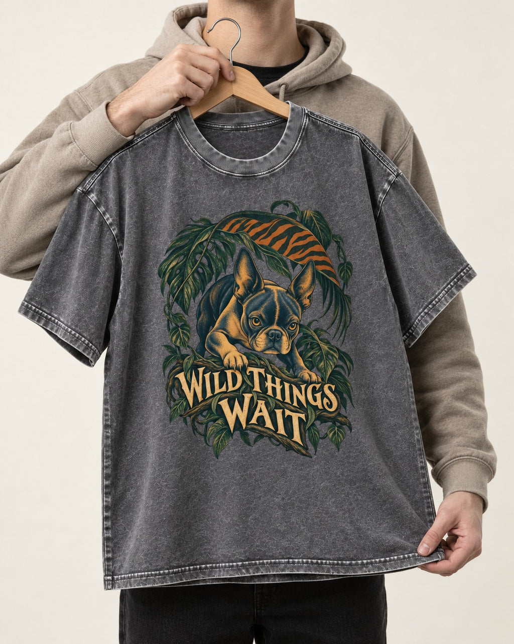 Boston Terrier Wild Things Wait Washed Tee in Gray, held up on a hanger