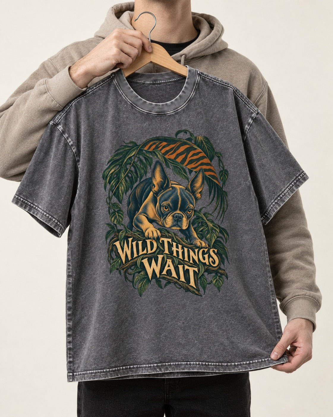 Boston Terrier Wild Things Wait Washed Tee in Gray, held up on a hanger