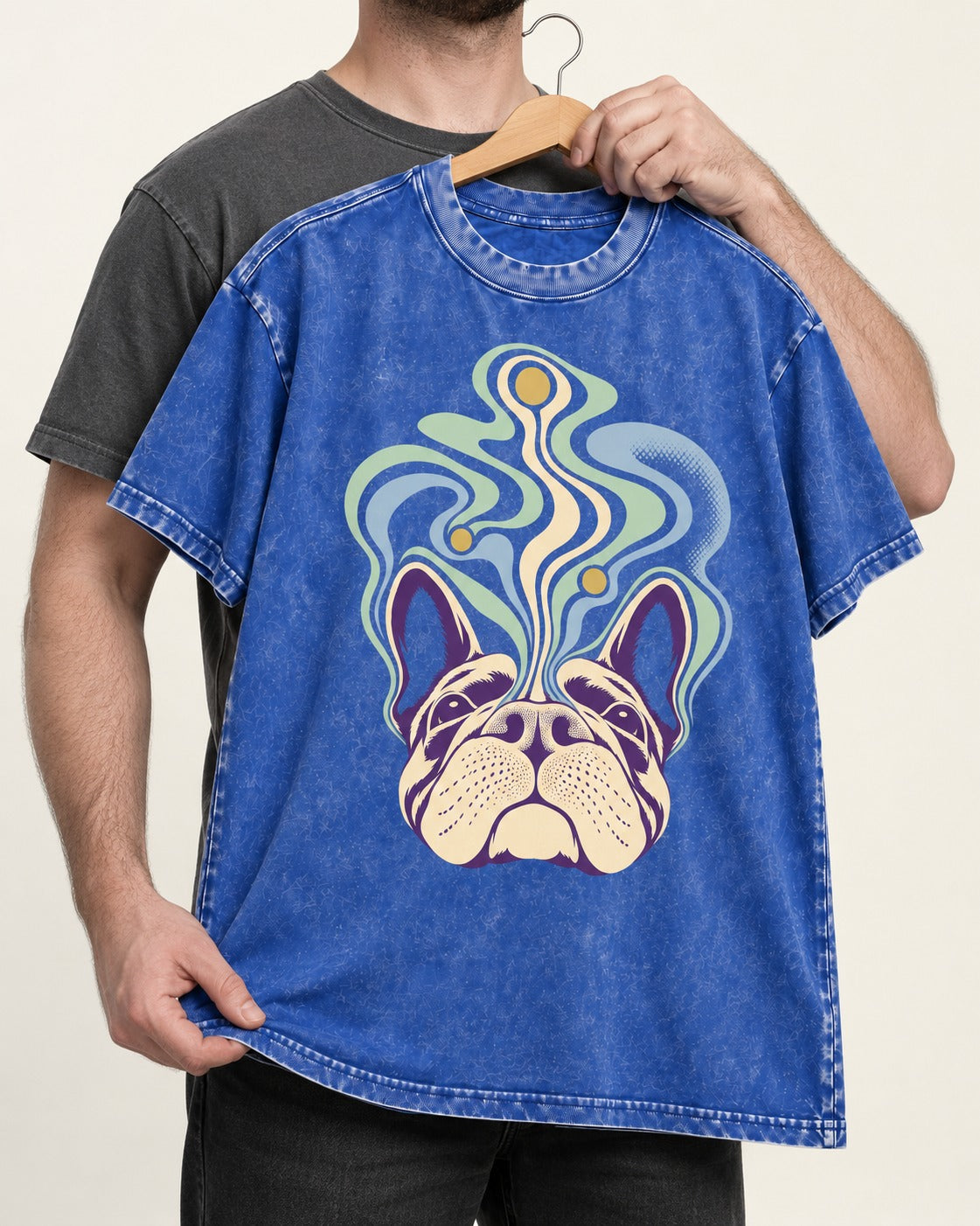 Frenchie Scent Cartography Vapor Route Graphic Washed Tee in Royal Blue, held up on a hanger
