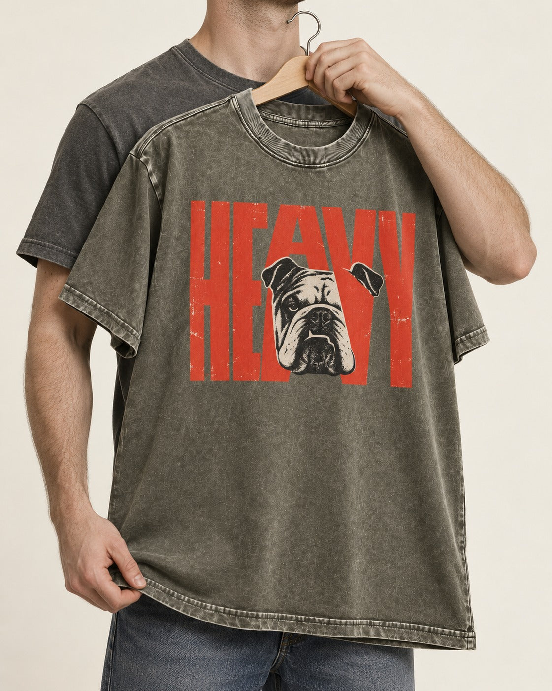 English Bulldog Heavy Stacked Portrait Graphic Washed Tee in Army Green, held up on a hanger