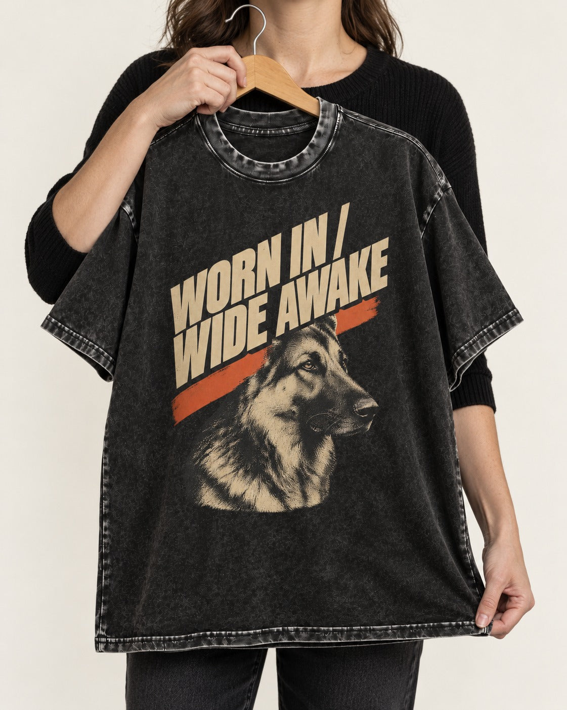 Worn In Wide Awake Portrait German Shepherd Dog Graphic Washed Tee in Black, held up on a hanger