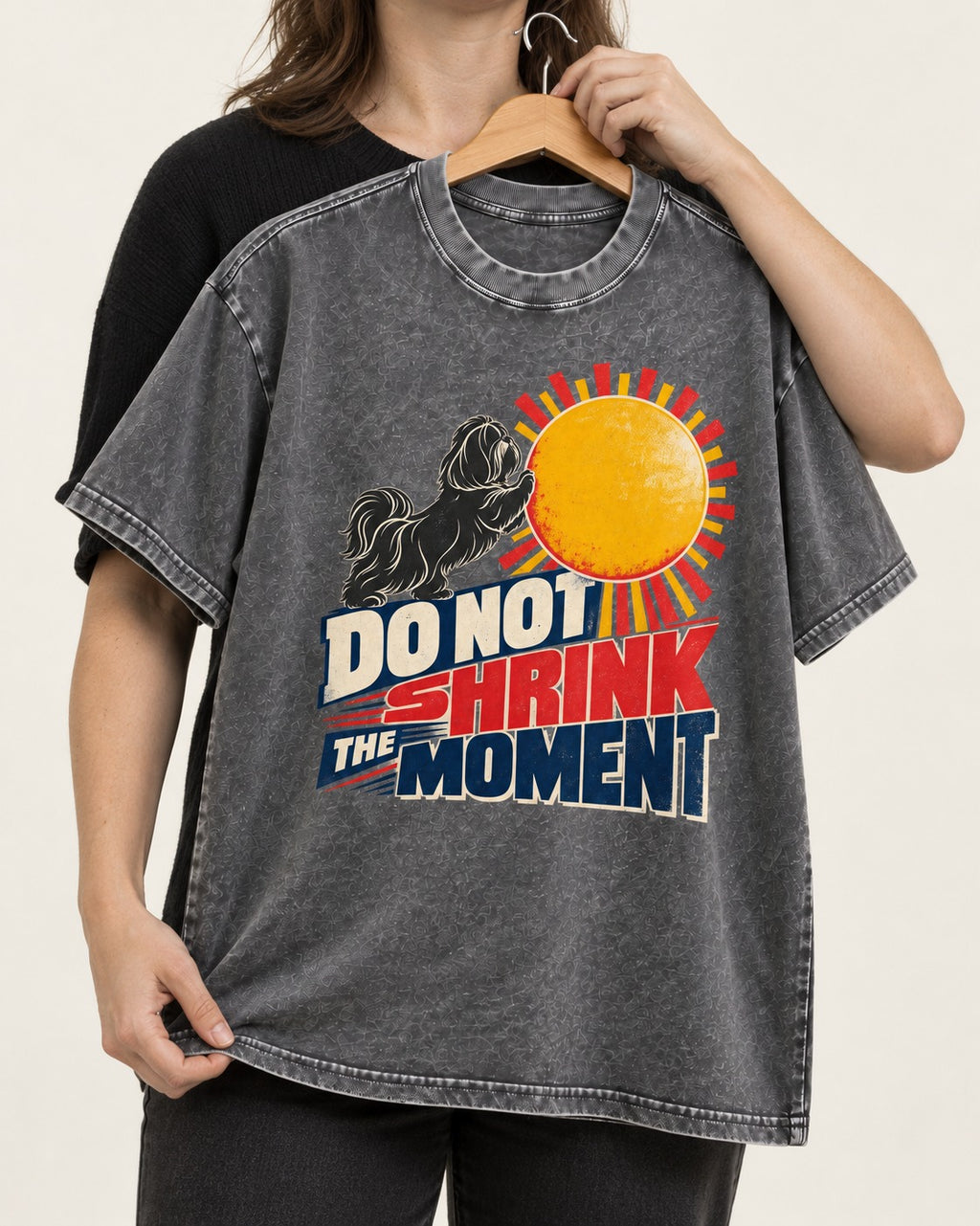 Shih Tzu Do Not Shrink the Moment Sun Graphic Washed Tee in Gray, held up on a hanger