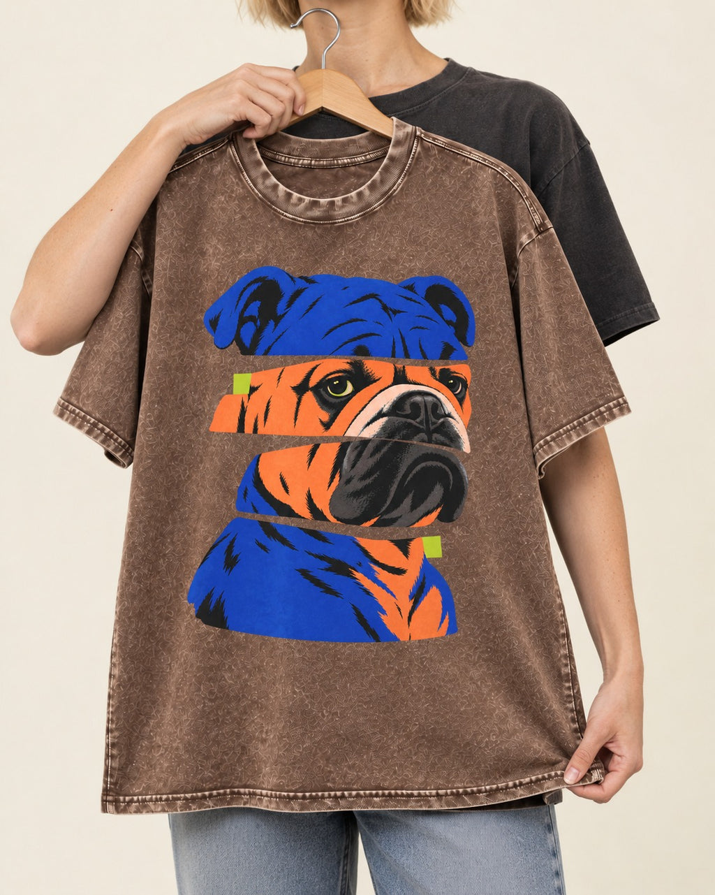English Bulldog Unbreakable Washed Tee in Coffee, held up on a hanger